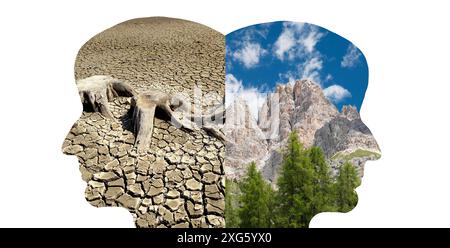 La silhouette di due facce guarda nella direzione opposta, una con la natura verde, le montagne, l'altra con un letto di fiume asciutto, il cambiamento climatico, il futuro Foto Stock