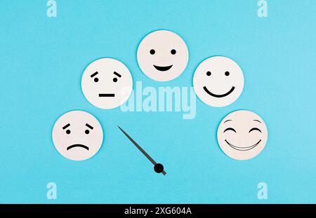 Contagiri con volti felici e tristi, business e service rating, concetto di valutazione, marketing, mood board Foto Stock