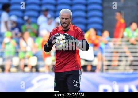 Seattle, Washington, Stati Uniti. 6 luglio 2024. Stefan Frei, portiere dei Seattle Sounders (24 anni), poco prima della partita di calcio della MLS tra i Seattle Sounders e la New England Revolution a Seattle, Washington. Steve Faber/CSM/Alamy Live News Foto Stock