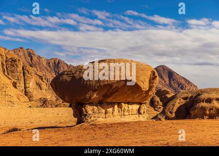 La formazione di pietra di funghi nella Valle della Luna del deserto di Wadi Rum Foto Stock