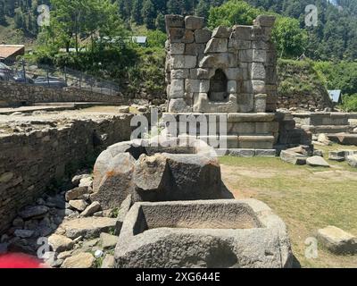 India. 6 luglio 2024. Naranag è un tempio indù circondato da montagne. E' un'attrazione turistica che si trova nel quartiere di Ganderbal a circa 60 km da Srinagar, capitale estiva di Jammu e Kashmir. Non solo attrazioni turistiche, ma Naranag funge anche da base per gli escursionisti. Sulla cima delle montagne si trova un bellissimo lago chiamato "lago gangbale". Che collega il sentiero con altre destinazioni di trekking popolari. (Foto di Musaib Iqbal Bhat/Pacific Press) credito: Pacific Press Media Production Corp./Alamy Live News Foto Stock