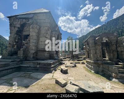 India. 6 luglio 2024. Naranag è un tempio indù circondato da montagne. E' un'attrazione turistica che si trova nel quartiere di Ganderbal a circa 60 km da Srinagar, capitale estiva di Jammu e Kashmir. Non solo attrazioni turistiche, ma Naranag funge anche da base per gli escursionisti. Sulla cima delle montagne si trova un bellissimo lago chiamato "lago gangbale". Che collega il sentiero con altre destinazioni di trekking popolari. (Foto di Musaib Iqbal Bhat/Pacific Press) credito: Pacific Press Media Production Corp./Alamy Live News Foto Stock