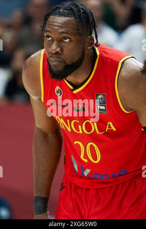 Valencia, Spagna. 4 luglio 2024. Bruno Fernando della squadra angolana visto in azione durante la partita tra Spagna e Angola nel Torneo di qualificazione Olimpica FIBA Spagna 2024 fase a gironi il 3 luglio 2024 al Tribunale municipale Fuente de San Luis (Valencia, FIBA Olympic Qualifying Tournament Spagna 2024 fase a gironi il 3 luglio 2024). Punteggio finale; Spagna 89 - 81 Angola. Punteggio finale; Spagna 89 - 81 Angola (immagine di credito: © German Vidal Ponce/SOPA Images via ZUMA Press Wire) SOLO PER USO EDITORIALE! Non per USO commerciale! Foto Stock