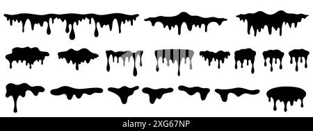 Vernice di fusione nera. Schizzi di gocciolamento e pennelli gocciolanti con icone di pennello fluido sporco e macchiato. Set isolato vettoriale. Confini diversi Illustrazione Vettoriale