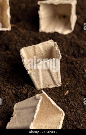 bicchieri di carta per la coltivazione di piantine, contenitori quadrati per piantine in agricoltura Foto Stock