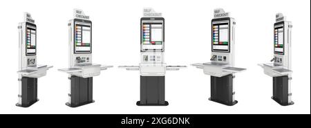 raccolta di rendering 3d di chioschi self-checkout o macchine di pagamento self-service isolate su bianco Foto Stock