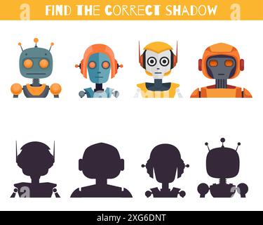 Modello di gioco di carte vettoriali trova le ombre giuste per i giocattoli robotici. Foglio di lavoro didattico con androidi e silhouette per l'asilo e i giochi scolastici Illustrazione Vettoriale