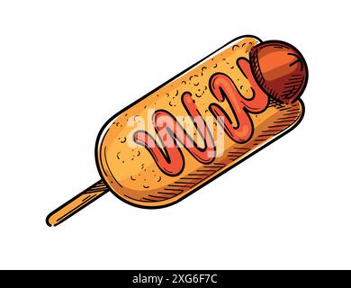 Schizzo colorato del cane di mais disegnato a mano con illustrazione vettoriale di salsiccia e salsa isolata su sfondo bianco. Illustrazione Vettoriale