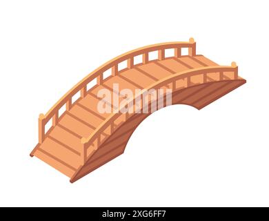 Ponte ad arco in legno con ringhiere. Ponte dal design liscio e curvo realizzato con tavole di legno marrone chiaro. Illustrazione vettoriale stile isometrico isolato Illustrazione Vettoriale