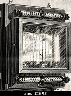 Vecchio igrometro registrato di Albert Nodon. Vecchia illustrazione incisa del XIX secolo da la Nature 1886 Foto Stock