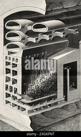 Distillazione del gas di carbone. Nuovo forno Stedman-Stanley per la distillazione del carbone. Vecchia illustrazione incisa del XIX secolo da la Nature 1886 Foto Stock