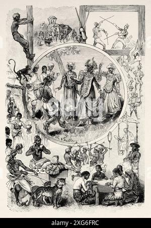 Popolo singalese, Jardin d'Acclimatation a Parigi, Francia. Vecchia illustrazione incisa del XIX secolo da la Nature 1886 Foto Stock