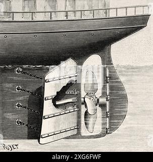 Il freno della nave si apre e funziona inventato da Mac-Adam. Vecchia illustrazione incisa del XIX secolo da la Nature 1886 Foto Stock