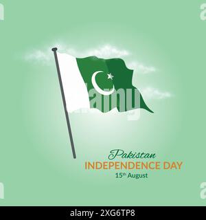 14 agosto Pakistan giorno indipendenza design poster, con bandiera pakistana, illustrazione vettoriale Illustrazione Vettoriale