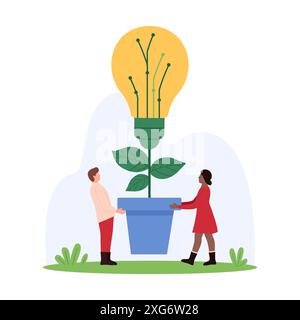 Sviluppo di energia verde, protezione dell'ambiente. Piccole persone che tengono la lampadina in crescita in vaso per sviluppare idee e soluzioni sostenibili efficienti, illustrazione vettoriale di cartoni animati in un ambiente pulito Illustrazione Vettoriale