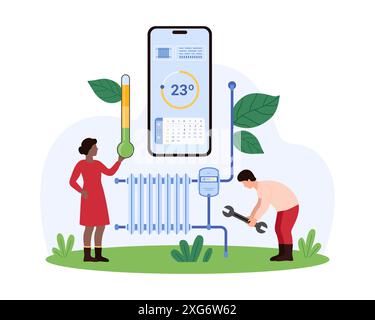 Pagamento della bolletta dell'utenza tramite app mobile, controllo della temperatura in soggiorno, risparmio. Le persone più piccole controllano il sistema di riscaldamento con termostato per ridurre il consumo di calore e l'illustrazione vettoriale dei cartoni animati sui prezzi Illustrazione Vettoriale