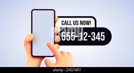 Chiamaci subito. Mano che tiene il telefono con un messaggio. Concetto di assistenza clienti. Illustrazione vettoriale per il design di siti Web e banner Illustrazione Vettoriale