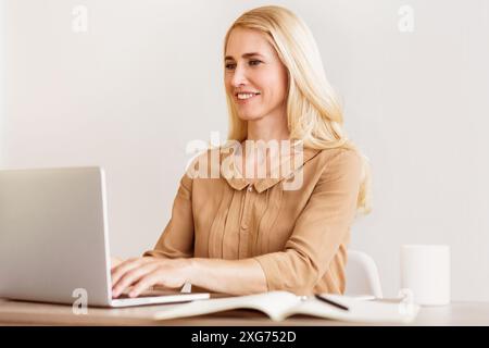 Donna che lavora su un notebook alla scrivania Foto Stock