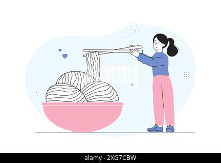 Donna con i noodles. La ragazza con le bacchette mangia il ramen. Cucina tradizionale asiatica. Cucina coreana e cinese. Caffetteria e ristorante. Vettore lineare Illustrazione Vettoriale