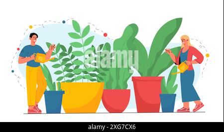 Persone che innaffiano vasi di fiori. Uomo e donna vicino a vasi con fogliame tropicale. Giardinaggio, botanica e orticoltura. Comfort e intimità all'interno. Cartone animato Illustrazione Vettoriale