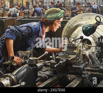 Un giovane operaio in tuta blu viene mostrato al lavoro su un tornio industriale, tagliando e girando il componente ad anello di un cannone antiaereo Bofors. Altri operai sono visibili in background. Ruby Loftus Screwing a Breech-ring (1943) Laura Knight Foto Stock