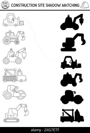 Le ombre bianche e nere del cantiere si abbinano all'attività di trasporto speciale. Puzzle linea lavori edili, pagina da colorare con escavatore, bulldozer Illustrazione Vettoriale