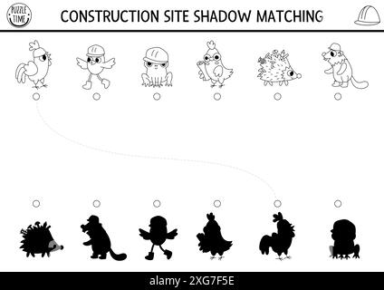 L'ombra bianca e nera del cantiere corrisponde all'attività degli animaletti nei cappelli rigidi. Puzzle o pagina da colorare per lavori di costruzione. Trovare il silh corretto Illustrazione Vettoriale