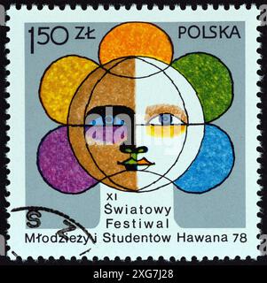 POLONIA - 1978 CIRCA: Un francobollo stampato in Polonia emesso per l'XI Festival Mondiale della Gioventù e degli studenti, l'Avana mostra Globe containing Face Foto Stock