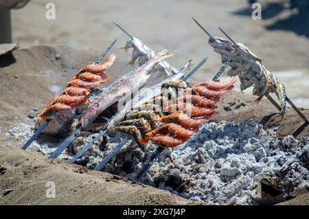 La cucina tradizionale a base di pesce (espetos) è profondamente radicata nel patrimonio ittico di Malaga Foto Stock