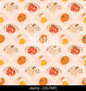 Zucche capesante senza cuciture. Sfondo ad arco vegetale maturo di halloween testurizzato e stilizzato. Design autunnale senza fine. Vettore disegnato a mano i Illustrazione Vettoriale
