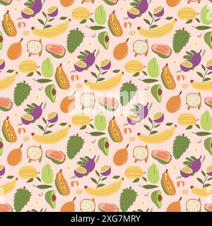 Frutti tropicali senza cuciture. Cibo dolce esotico senza fine. Illustrazione piatta disegnata a mano dal vettore. Illustrazione Vettoriale