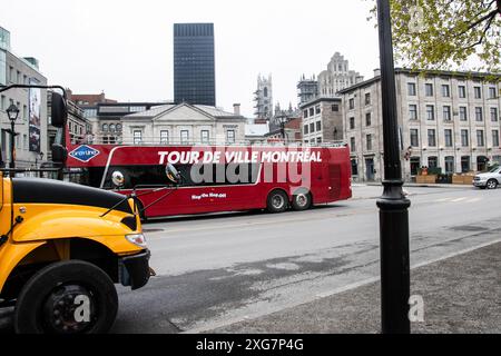 Autobus turistico rosso Gray Line sulla Commune Street West al Grand Quay di Montreal, Quebec, Canada Foto Stock