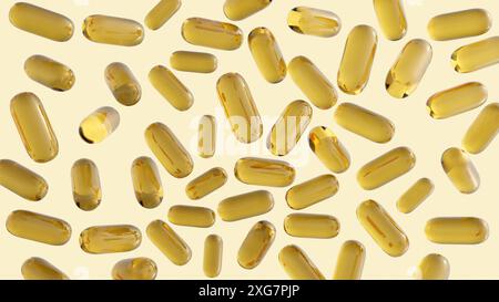 Capsule gialle in questo rendering 3D raffigurano integratori di vitamina B. Le vitamine B sono essenziali per la produzione di energia e la funzione cerebrale Foto Stock