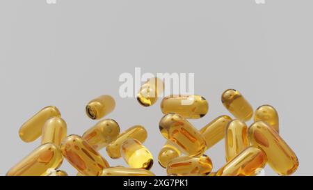 Capsule gialle in questo rendering 3D raffigurano integratori di vitamina B. Le vitamine B sono essenziali per la produzione di energia e la funzione cerebrale Foto Stock