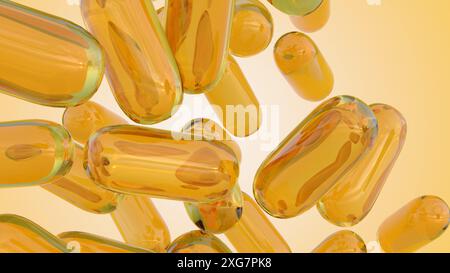 Capsule gialle in questo rendering 3D raffigurano integratori di vitamina B. Le vitamine B sono essenziali per la produzione di energia e la funzione cerebrale Foto Stock
