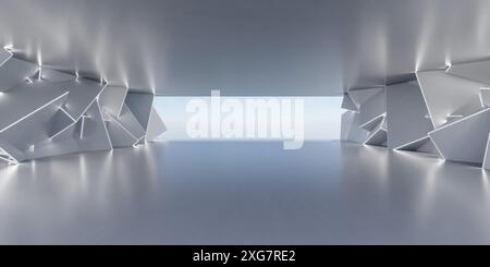 Design moderno e geometrico degli interni delle camere con pavimento riflettente e pareti bianche, rappresentazione in 3d. Foto Stock