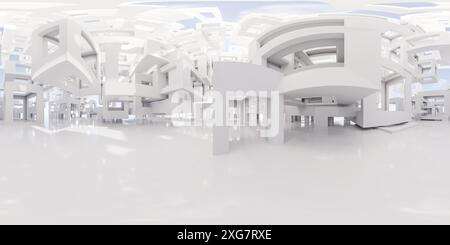 panorama a 360 gradi di un moderno edificio bianco con mappa dell'ambiente vr Foto Stock