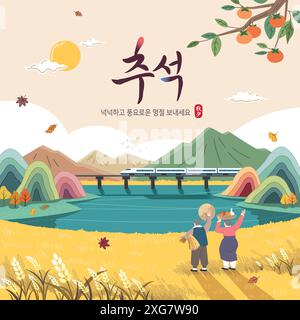 Ringraziamento, paesaggio di campagna autunnale. I miei genitori si sono mossi quando hanno visto il treno che tornava a casa. Illustrazione Vettoriale