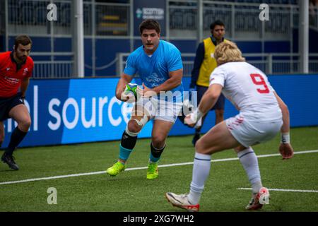 EDIMBURGO, SCOZIA - domenica 7 luglio 2024: Francisco Garcia in azione durante il World Rugby U20 Trophy match tra USA e Uruguay all'Hive sta Foto Stock