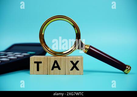 Tassa con blocchi di legno lettere alfabetiche e lente d'ingrandimento e calcolatrice su sfondo blu Foto Stock