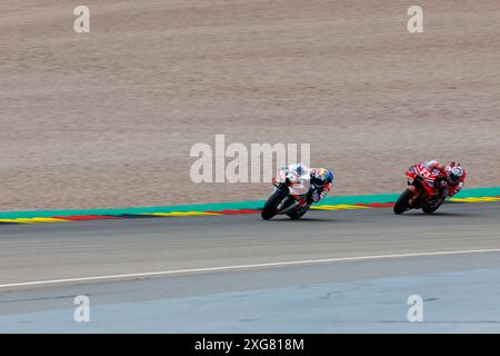 7 luglio 2024; Sachsenring, Hohenstein-Ernstthal, Sassonia, Germania; 2024, MotoGP tedesco, Race Day; Raul Fernandez, Enea Bastianini durante la gara del MotoGP tedesco Foto Stock