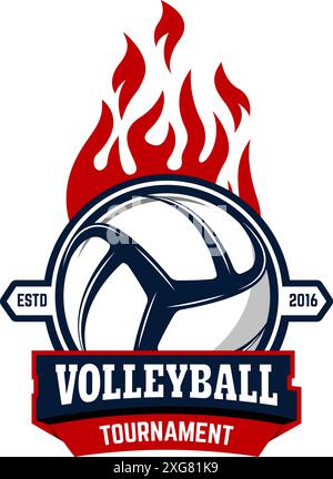 Torneo di pallavolo. Etichettare il modello con pallavolo. Elemento di design per logo, etichetta, emblema, badge, cartello. Illustrazione Vettoriale