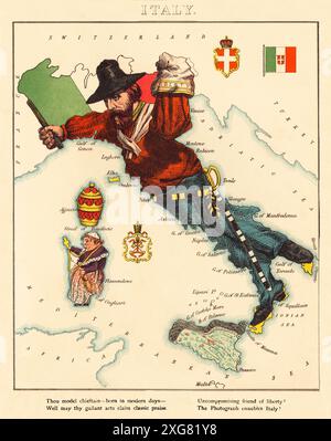 Una cartina d'Italia della seconda metà del XIX secolo con Giuseppe Garibaldi, un generale italiano, patriota, rivoluzionario e repubblicano che contribuì all'unificazione italiana e alla creazione del Regno d'Italia. Disegnato e dipinto da Elizabeth Lilian Lancaster, (1852-1939), un'artista amatoriale che ha creato una serie di mappe umoristiche dei paesi europei. Foto Stock