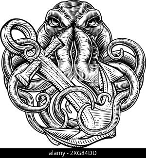 Anchor di polpo Kraken Sailor Tattoo Style Deisgn Illustrazione Vettoriale