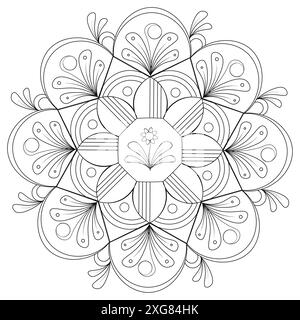 Immagine nera di un disegno circolare su sfondo bianco. Mandala nero su sfondo bianco vettoriale. Mandala laconico con elementi vegetali: Fiori, gemme Foto Stock