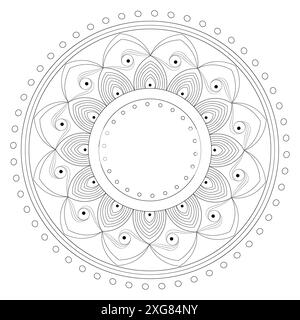 Immagine nera di un disegno circolare su sfondo bianco. Mandala nero su sfondo bianco vettoriale. Ornamento laconico con spazio vuoto all'interno per Foto Stock