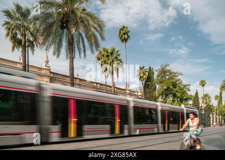 Tram elettrico di passaggio con un ciclista in via San Fernando, Siviglia, con la fabbrica del tabacco sullo sfondo. Foto Stock