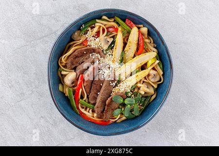 Mescolare gli spaghetti con verdure e manzo nel recipiente blu. Sfondo ardesia. Primo piano. Vista dall'alto. Foto Stock