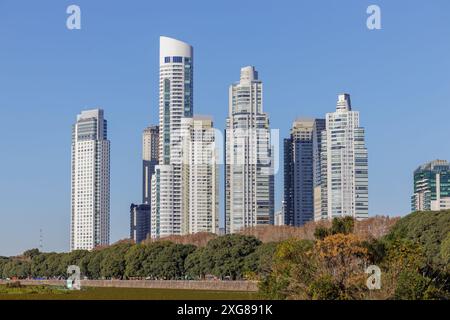 Edifici visti dalla riserva ecologica di Costanera Sur nella città di Buenos Aires. Foto Stock