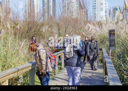 Buenos Aires, Argentina; 29 giugno 2024: Turisti che camminano attraverso la riserva ecologica della costa meridionale di Buenos Aires. Foto Stock